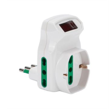 FANTON 87317 Dreifach-Adapter von kleinem 10-A-Stecker auf 2 16-A-Bypass-Steckdosen – 1 Schuko-Bypass-Steckdose mit Schalter