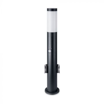 V-TAC LED-Gartenpoller, 60 cm, E27-Lampenfassung + 2 Schuko-Steckdosen und Bewegungsmelder, Schwarz, IP44