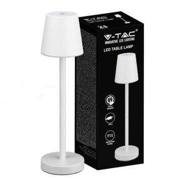 V-TAC LED-Tischlampe, 3 W, wiederaufladbar, batteriebetrieben, weiße Farbe, USB C Touch, dimmbar, 4000 K, Restaurant-Tischleuchte für den Innenbereich, IP20 – 10192