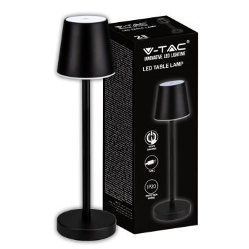 V-TAC LED-Tischlampe, 3 W, wiederaufladbar, batteriebetrieben, schwarze Farbe, USB C Touch, dimmbar, 4000 K, Restaurant-Tischleuchte für den Innenbereich, IP20 – 10194