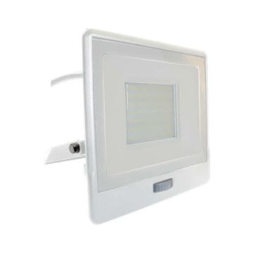 V-TAC VT-158S-1 50W Samsung-Chip-LED-Strahler mit PIR-Bewegungssensor und Dämmerungssensor 6500K schlankes weißes Aluminium IP65 - SKU 20303