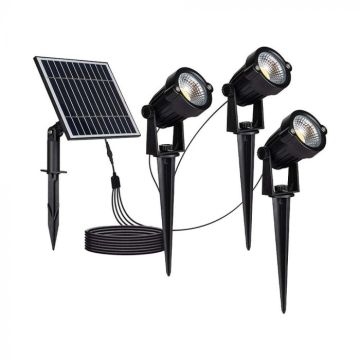 V-TAC VT-11031 LED-Strahler mit Erdspieß, Gartenlampe mit Solarpanel, 3 Stück x 1,2 W, schwarzes Farblicht 3000 K, IP65 – 20489