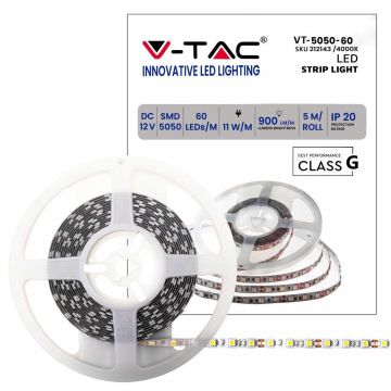V-TAC LED-Streifen SMD5050 11W/m 5m 60 LEDs/m Streifen 12V 4000K IP20 10 mm – Artikelnummer 212143