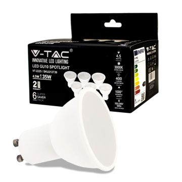 V-TAC VT-2225 LED-Strahler 4,5 W SMD GU10 warmweiß 3000 K satinierte Abdeckung Box 6 Stück – SKU 212739