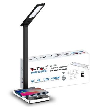 V-TAC VT-7505 7W LED Tischleuchte Multifunktions Lichtfarbe 3in1 dimmbar mit kabelloser Ladestation Gehäuse schwarz - SKU 218602