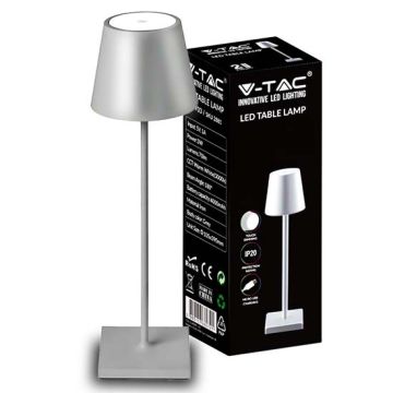V-TAC VT-7703 3W LED-Tischleuchte, Naturweiß 4000K mit 4000mA-Akku, EIN/AUS-Taste, dimmbar, Touch-Farbe, silberfarben, IP20 – SKU 2882