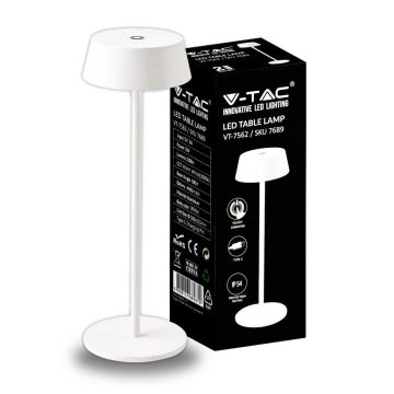 V-TAC VT-7562 LED-Tischleuchte, weiße Farbe, 2 W, aus wiederaufladbarem USB-Aluminium mit dimmbarem Touch, IP54, 3000 K, Artikelnummer 7689