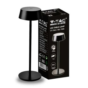 V-TAC VT-7562 LED-Tischleuchte, schwarze Farbe, 2 W, aus wiederaufladbarem USB-Aluminium mit dimmbarem Touch, IP54, 3000 K, Artikelnummer 7690