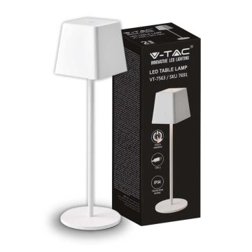 V-TAC VT-7563 LED-Tischleuchte 2 W warmweiß 3000 K mit 4400 mA-Akku, EIN/AUS-Taste, dimmbar, Touch-Farbe, Weiß IP54 – SKU 7691