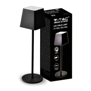 V-TAC VT-7563 LED-Tischleuchte 2 W warmweiß 3000 K mit 4400 mA Akku, dimmbar, EIN/AUS-Taste, Touch-Farbe, Schwarz, IP54 – SKU 7692