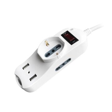 V-TAC Steckdosenleiste 1-fach Schuko 10/16A + 2-fach buchsen 10/16A + 2 USB-Ladegerät Überlastungsschutz - sku 8745