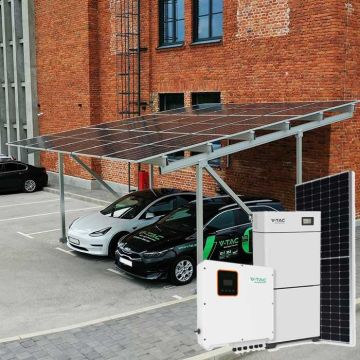 Solar-Schutzbausatz für 2 Carport-Stellplätze. 8-kWp-Photovoltaik-Panel (15 Stück) – 8-kW-Hybrid-Wechselrichter – 20-kW-Speicherbatterie zum Aufladen von Elektroautos