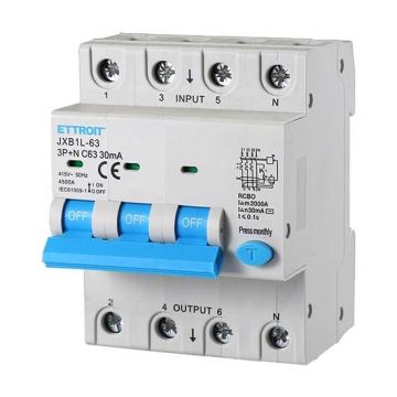 Differentialschutzschalter schutzvorrichtung 3P+N 63A 4.5kA 30mA 380V 4 Modules DIN Ettroit JXB1L-63-3P+N-63A