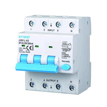 Differentialschutzschalter 3P+N 50A 6kA 300mA 380V belegt 4 DIN-Module Ettroit JX265063