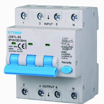 ETTROIT JX266361 Differenzialschutzschalter 3P+N 63A 30mA 380V-6KA – 4 Din-Module