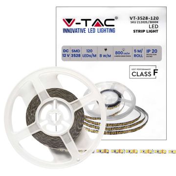 V-TAC VT-3528 LED-Streifen 600LED 3528 Streifen 5Mt 8W/mt warmweißes Licht 3000k 8mm 120led/mt IP20 SKU 212025