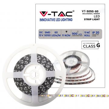 V-TAC LED-Streifen SMD5050, 11 W/m, 5 m, 60 LEDs/m, 12 V, warmweiß 3000 K, Schutzart IP20, 10 mm – Artikelnummer 212122