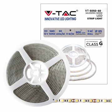 V-TAC VT-5050 Strip 300 LED SMD 5050 Strip 5Mt 11W/mt IP65 60led/mt 12v Naturweiß 4000K - 212150