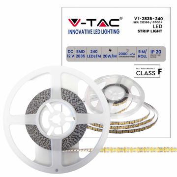 V-TAC VT-2835 LED Streifen 240led/mt 20W/mt SMD2835 5Mt 2000lm/mt 12V Hohe Helligkeit sku 212166 6400k