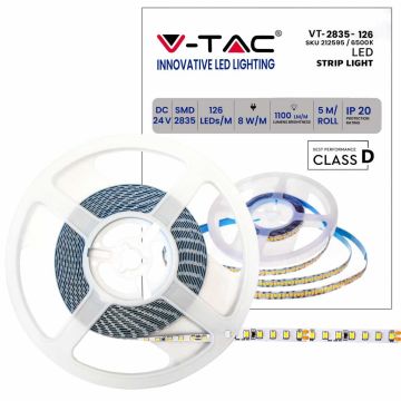 V-TAC VT-2835 630LED Streifen 24V 8W/mt SMD2835 137lm/w 5Mt 6500K kaltweiß IP20 - SKU 212595