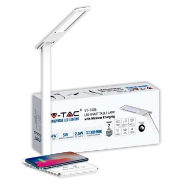 V-TAC VT-7405 4W LED Touch Farbwechsel 3in1 dimmbare Tischlampe mit kabelloser Ladestation, weißes Gehäuse - SKU 218601