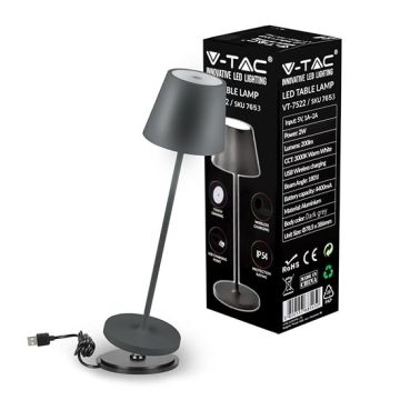 V-TAC VT-7522 LED-Tischleuchte 2 W warmweiß 3000 K mit 4400 mA-Akku, kabelloses Laden, EIN/AUS-Taste, dimmbar, Touch-Farbe, Grau, IP54 – SKU 7653