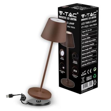 V-TAC VT-7522 LED-Tischleuchte 2 W warmweiß 3000 K mit 4400 mA Akku, kabelloses Laden, EIN/AUS-Taste, dimmbar, Touch-Corten-Farbe, IP54 – SKU 7654