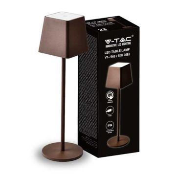 V-TAC VT-7563 LED-Tischleuchte 2 W warmweiß 3000 K mit 4400 mA-Batterie, EIN/AUS-Taste, dimmbar, Touch-Corten-Farbe, IP54 – SKU 7693