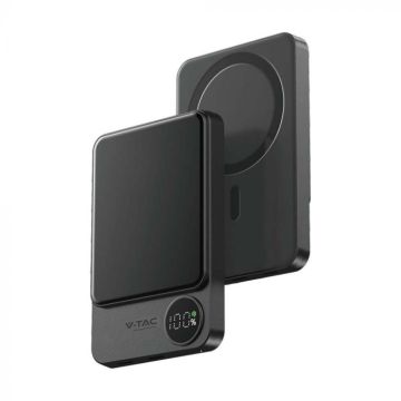 V-TAC Powerbank Magsafe 10000 Ah, magnetisches Aluminium-Display und kabelloses Laden, 20 W, ultradünn, graue Farbe – 7849