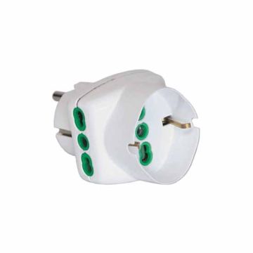 Dreiwegeadapter Stecker französisch/deutsch std. 2P+E 16A 2 steckdosen std. 2P+E 16A 1 Buchse std. 2P+E 16A Fanton 82230