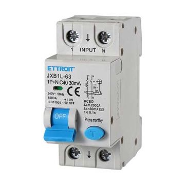 Differentialschutzschalter schutzvorrichtung 1P+N 40A 4.5kA 30mA 220V 2 Modules DIN Ettroit JXB1L-63-1P+N-40A