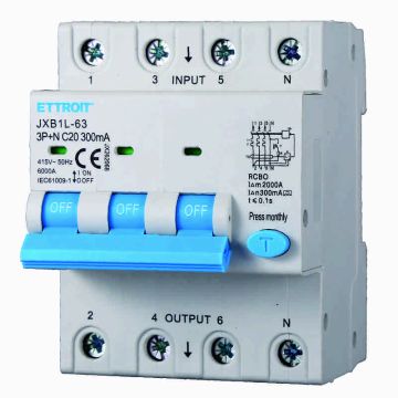 ETTROIT JX262068 Differentialschutzschalter 3P+N 20A 300mA 380V-6KA KLASSE A