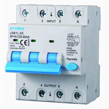 ETTROIT JX262564 Differentialschutzschalter 3P+N 25A 30mA 380V-6KA KLASSE A