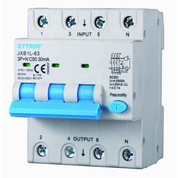 ETTROIT JX265064 Differentialschutzschalter 3P+N 50A 30mA 380V-6KA KLASSE A